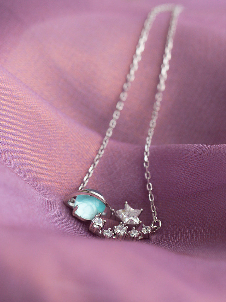 夏季星空 通体925银项链淡蓝水晶镶嵌锆石星星土星纯银不变色吊坠