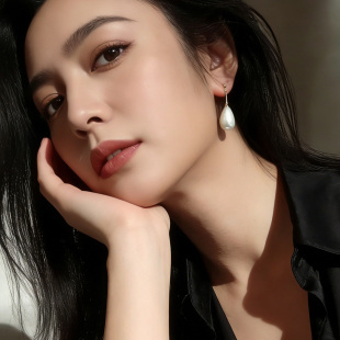 美产14K包金法式优雅高级感耳环 天然珍珠 水滴贝珠女蚊香盘耳夹