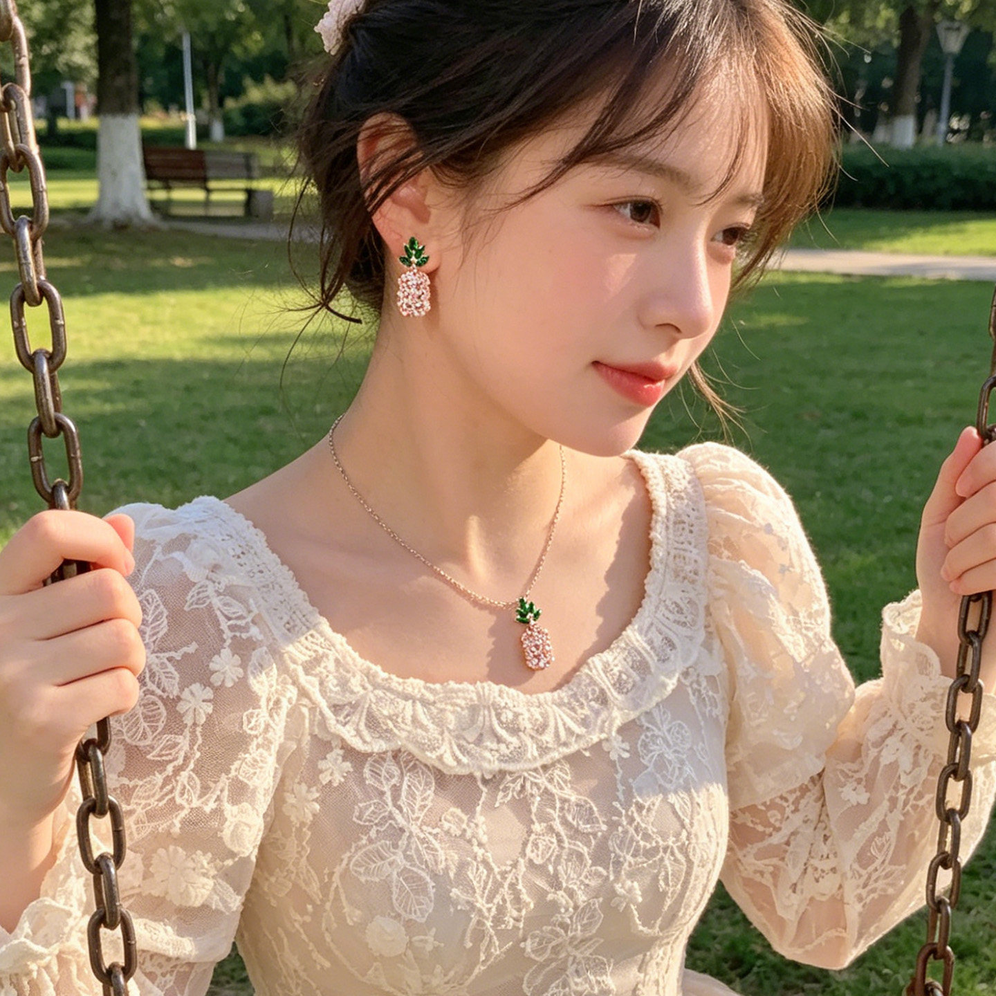 chao闪亮甜美可爱粉锆石925银针菠萝耳环蚊香盘耳夹水果纯银项链