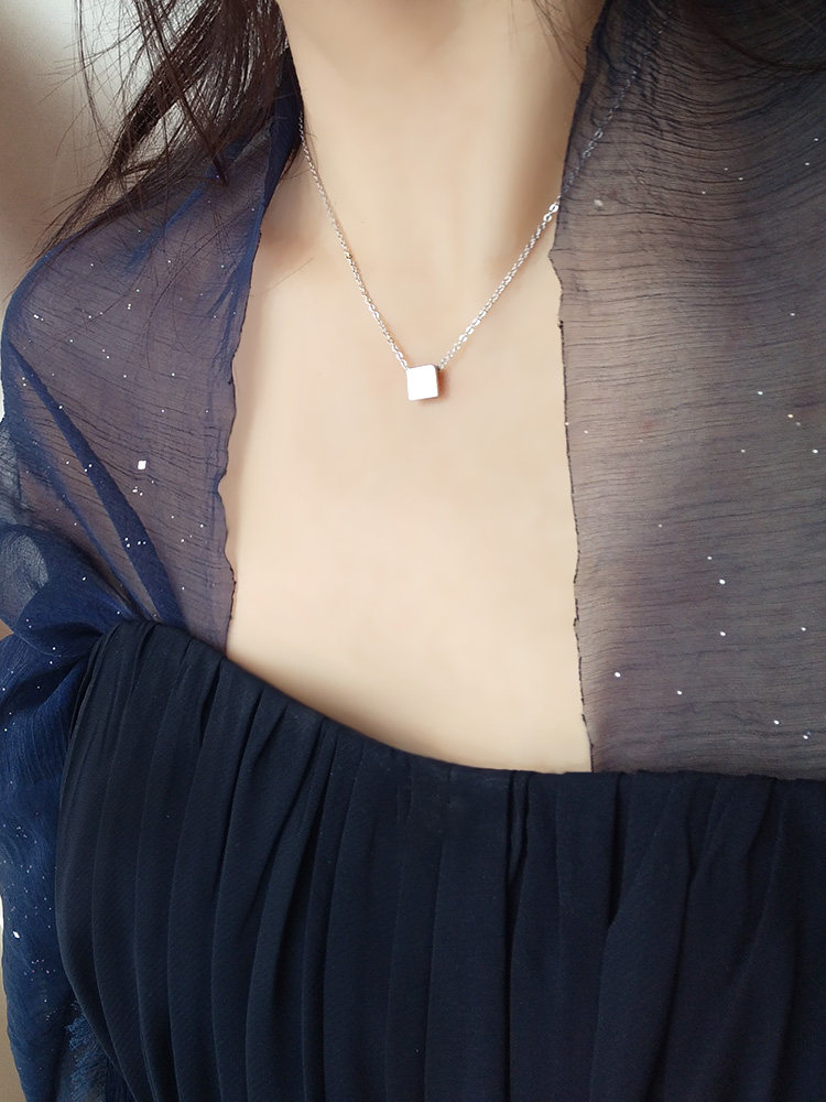 通体925银项链镀白金几何方形女
