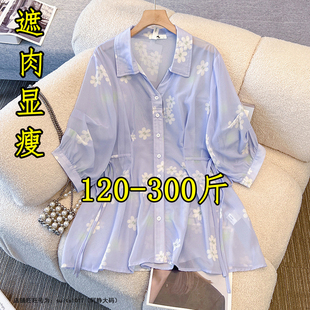 胖mm300斤大码高级感碎花短袖衬衫女夏200设计感减龄洋气别致上衣