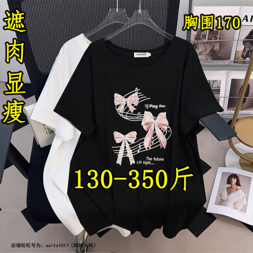 大码纯棉蝴蝶结短袖t恤女夏上衣
