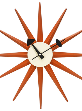 北欧风客厅墙壁挂钟太阳挂钟橙色光芒钟表圆形简约静音机芯实木钟