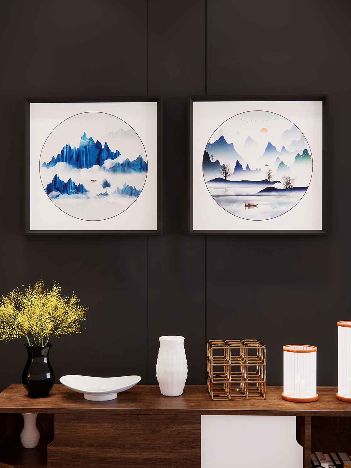 现代简约新中式蓝色山水装饰挂画沙发背景玄关相框油画布客厅卧室