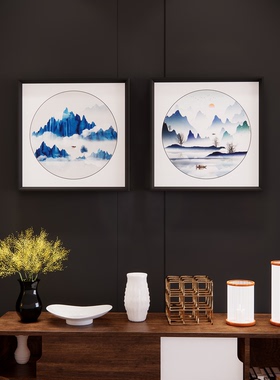 现代简约新中式蓝色山水装饰挂画沙发背景玄关相框油画布客厅卧室