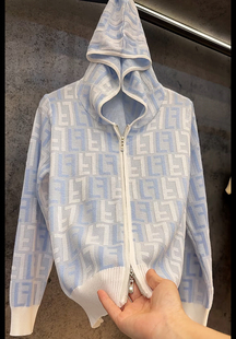 200斤内可穿 外套女款 大码 胖MM温柔气质百搭蓝色提花连帽针织开衫