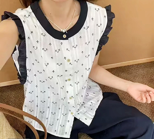 大码 胖MM甜美木耳边拼接撞色减龄刺绣百搭宽松遮肉显瘦无袖 开衫