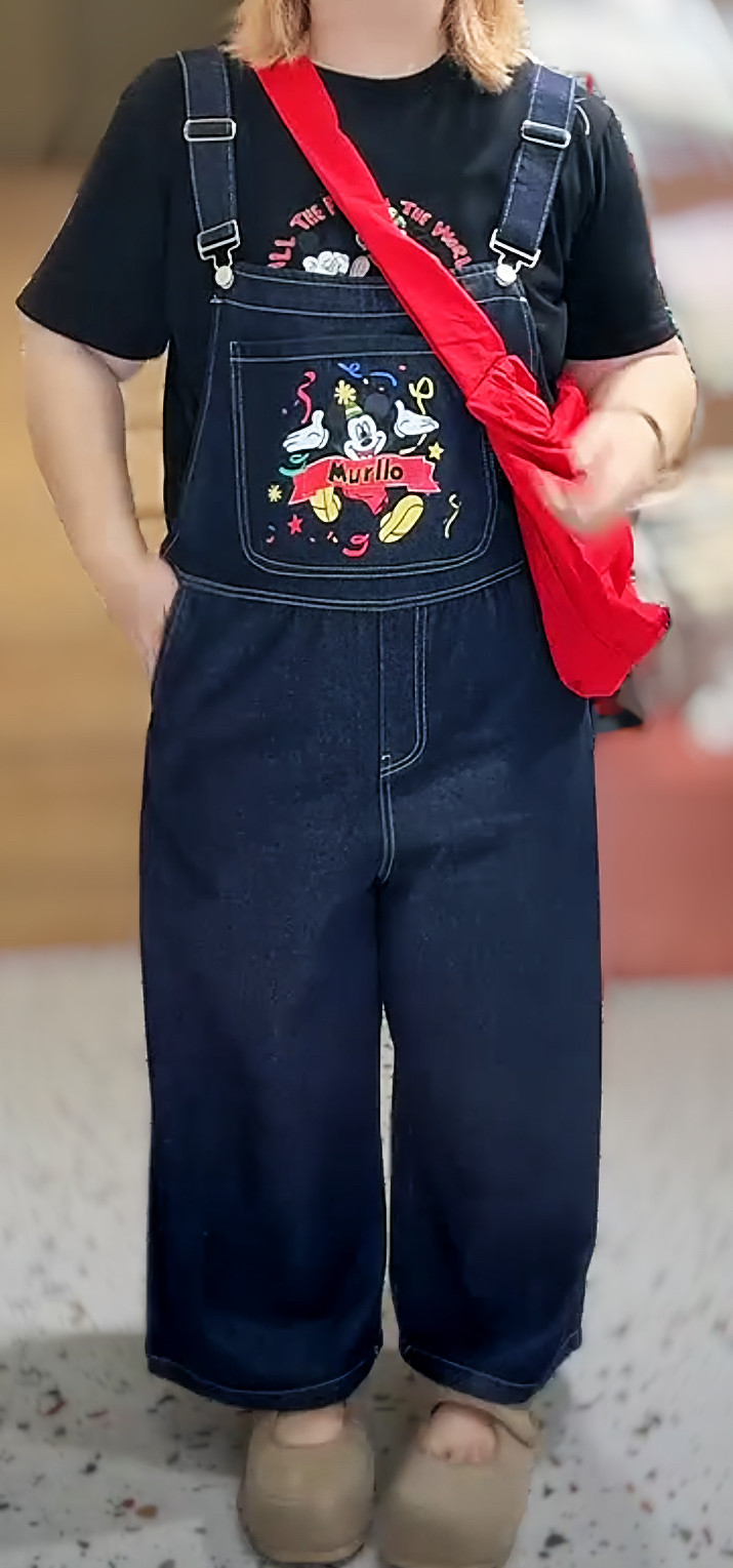 大码胖MM韩版米奇宽松显瘦百搭休闲深蓝色背带牛仔裤女210斤内穿