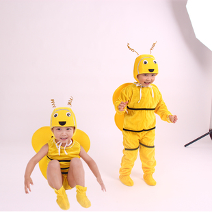 新款卡通粉红色蝴蝶黄色蜜蜂舞蹈服儿童长款演出服亲子表演服套装