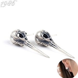 925纯银鸟骷髅头耳钉男复古朋克撒旦黑暗系蜂鸟头骨耳饰嘻哈耳环