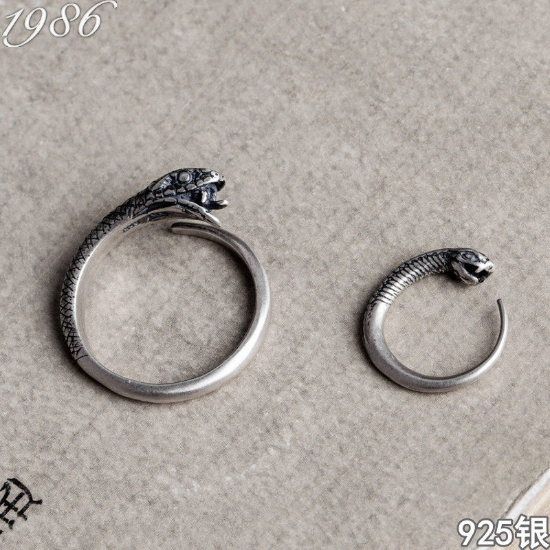 S925纯银蛇开口尾戒男女做旧泰银蟒蛇戒指指环潮学生撒旦复古耳圈