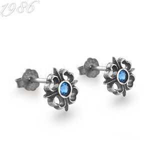 耳环潮 925纯银四叶花耳钉复古通体纯银蓝钻花朵迷你耳骨钉个性