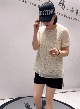 5695芮娜依莲夏款新品蕾丝拼接面料设计感女人味气质衫加大码女装