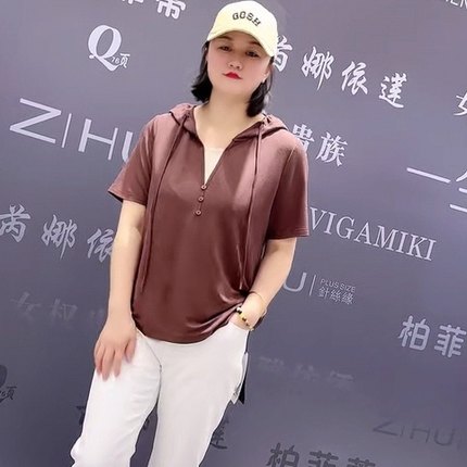 真丝缘夏款1679短袖t恤女休闲体恤衫连帽洋气短款上衣潮加肥加大