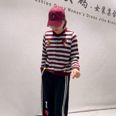 6576女权贵族冬款新品时尚减龄长袖上衣条纹针织开衫加大码女装