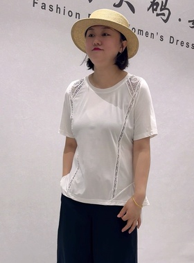 31068女权贵族夏款新品拼接蕾丝设计感简洁大方短袖上衣加大码