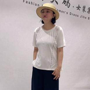 31068女权贵族夏款新品拼接蕾丝设计感简洁大方短袖上衣加大码