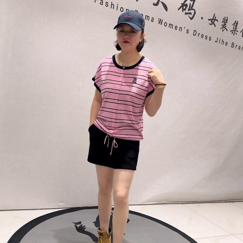 1763芮娜依莲初夏新品可抽绳显瘦减龄套头衫条纹上衣加大码女装