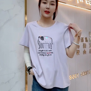 3880女权贵族初夏新品动物图案减龄休闲百搭短袖T恤衫加大码女装