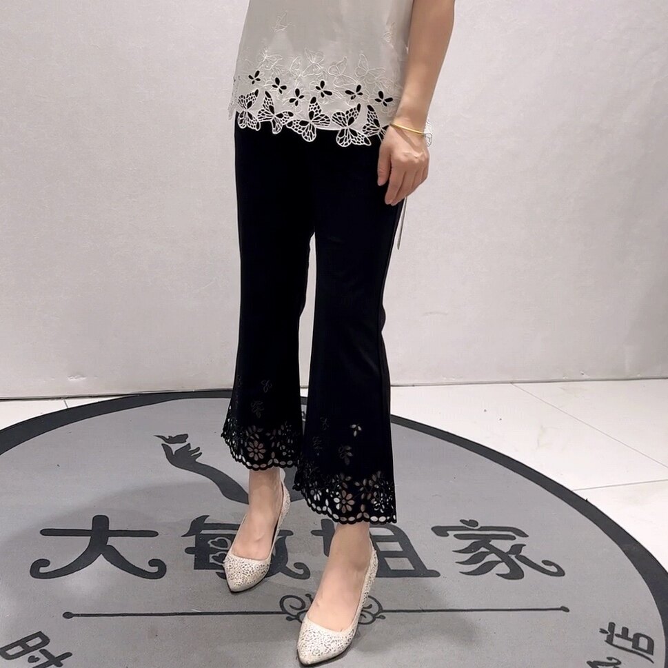 3236女权贵族初夏新品松紧腰烧花裤腿女人味显瘦微喇裤加大码女裤