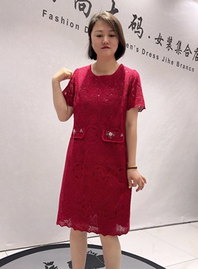5656芮娜依莲初夏新品自带亮片时尚洋气高大上连衣裙加大码女装