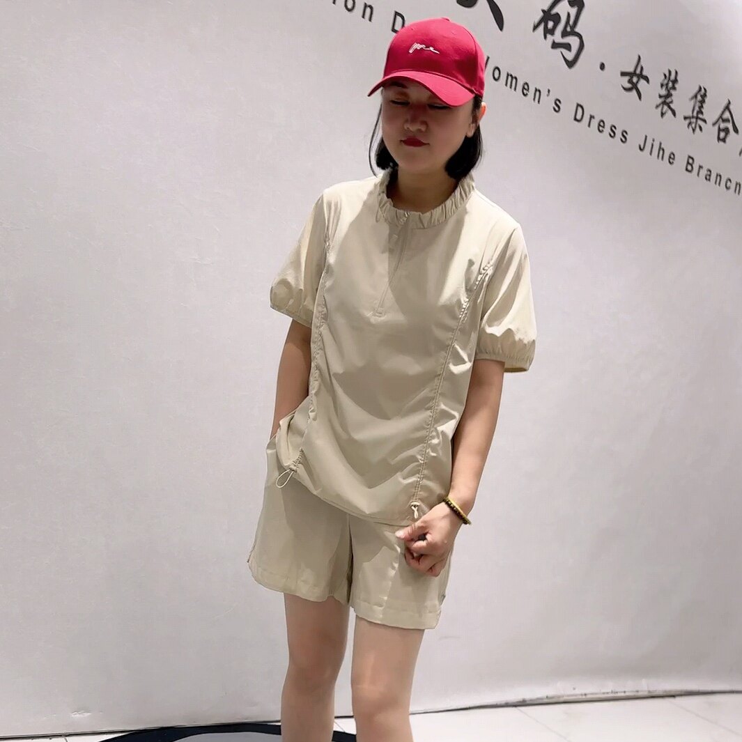 1811女权贵族夏款新品速干面料袖口带弹力两侧抽绳半拉链上衣大码