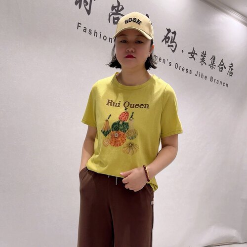 1875芮娜依莲初夏新品南瓜图案减龄舒适百搭短袖T恤衫加大码女装