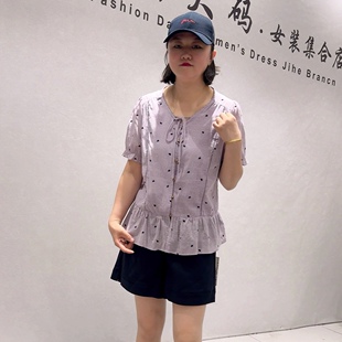 3983女权贵族夏款新品领口系带遮肉显瘦百搭系扣减龄衫加大码女装