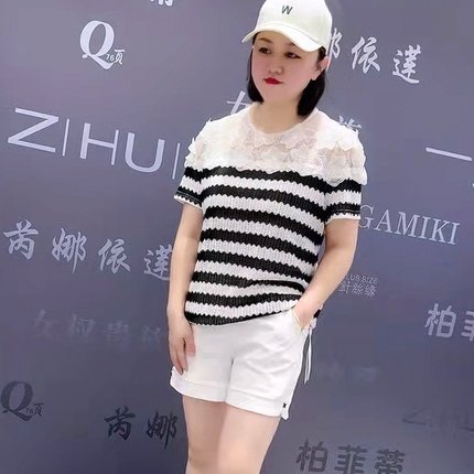 女权贵族夏款3110黑白条纹刺绣圆领针织衫撞色短袖女人味衫加大码