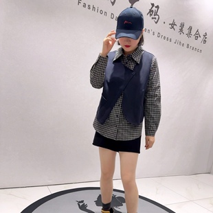 女装 1020女权贵族春款 加大码 假两件一手长拼接格子气质衫 新品