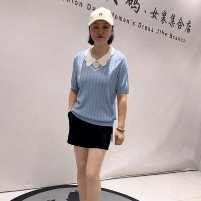 1868芮娜依莲初夏新品娃娃领可爱减龄百搭针织短袖上衣加大码女装