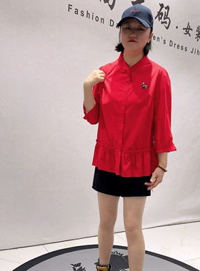 2005蓝鲸之吻年货春款新品八分袖荷叶边四面弹减龄衬衫加大码女装