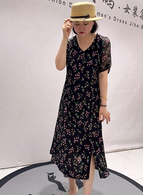5339芮娜依莲夏款新品底边开衩v领女人味碎花连衣裙加大码女装
