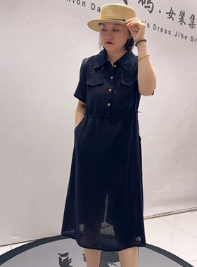31069女权贵族夏款新品可抽绳两侧带兜减龄工装连衣裙大码女装