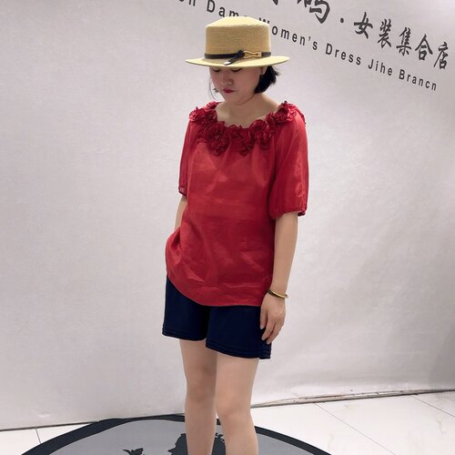 3508女权贵族夏款新品苎麻面料设计感衣领舒适气质衫加大码女装