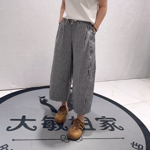 1003女权贵族夏款新品松紧腰遮肉显瘦格子弯刀气球裤加大码女裤