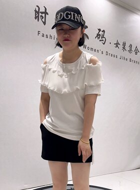 3033女权贵族初夏新品设计感女人味露肩气质风短袖上衣加大码女装
