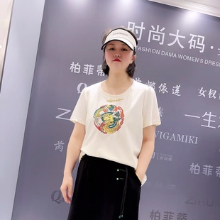 新款 芮娜依莲6161夏季 重工中国龙刺绣图案加肥加大遮肉显瘦女T恤