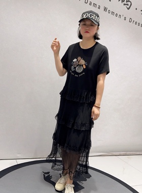 3371女权贵族初夏新品重工贝壳图案拼接设计过膝蛋糕裙加大码女装