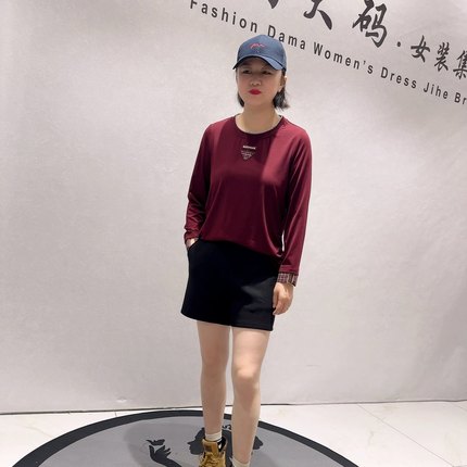 1325芮娜依莲年货春款新品袖口拼接格子简约百搭气质衫加大码女装