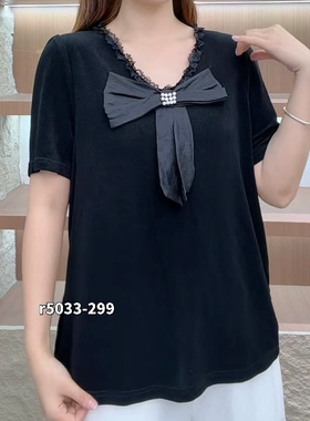 5033芮娜依莲夏款新品设计感蝴蝶结醋酸面料v领减龄衫加大码女装