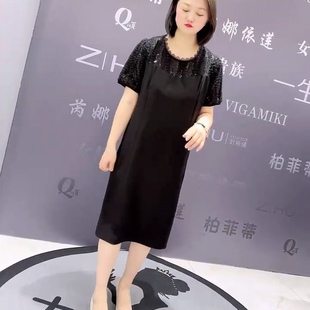 芮娜依莲夏款 韩国简单大方垂感舒适遮肉显瘦连衣裙 7755圆领半袖