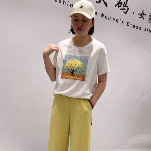 5947芮娜依莲初夏新品重工图案简约休闲百搭短袖T恤衫加大码女装