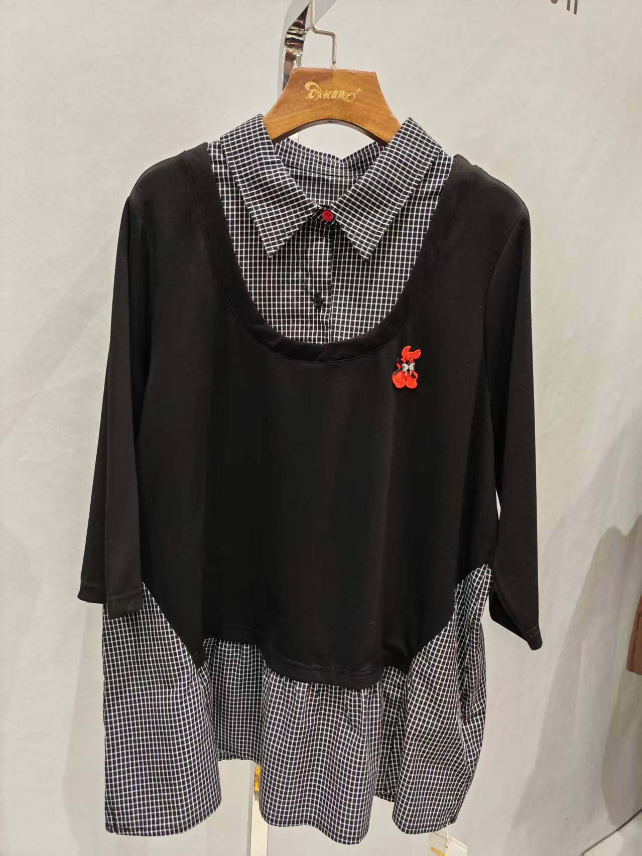 1658女权贵族春款新品拼接格子衬衫百搭长袖上衣减龄衫加大码女装