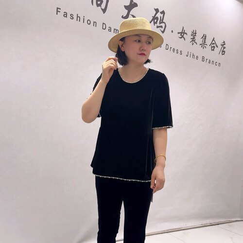 6339女权贵族初秋新品醋酸丝绒面料珍珠边简洁气质衫加大码女装