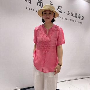 1885芮娜依莲夏款新品苎麻面料刺绣扣花女人味气质衫加大码女装