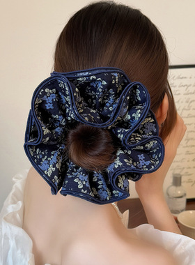 复古藏蓝色四层锁边大肠发圈法式印花大号头花发绳显发量丸子头绳