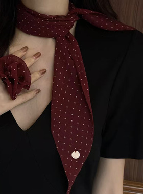 网纱高级感波点纽扣丝巾女复古洋气系脖护颈百搭小丝巾网红发带