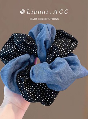 森系复古布艺蓝色波点大肠发圈双层高级感丸子头发绳韩国少女头绳