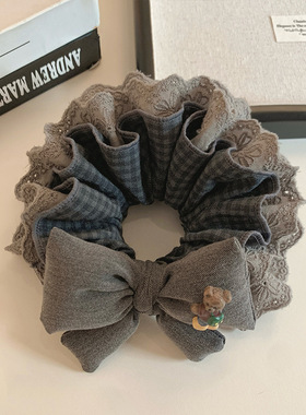 设计感灰色蕾丝格纹蝴蝶结四层大肠发圈女扎头发丸子头低马尾发绳